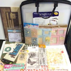 Scrapbooking supplies in carrying storage bag